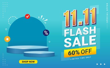 Vector of 11.11 Shopping day Poster or banner with blank product podium scene. 11 november sales banner template design for social media and website