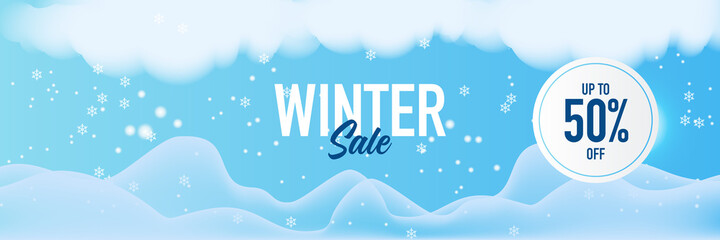 Winter sale blue banner banner background with snowflake, clouds, palm tree, and mountain. Origami snowfall. Vector Illustration.