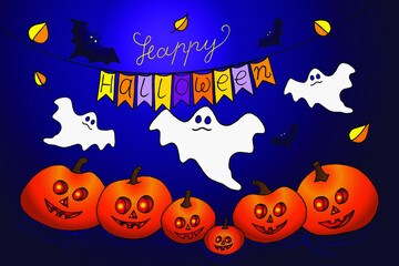 Happy Halloween vector lettering with pumpkin, wizard hat, ghost, spirit, scull, bat, spider, cat, witch's broom and spider web. Holiday lettering for banner. Set for poster, greeting card, party invi