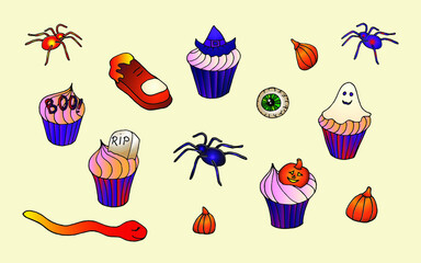 Halloween sweet treats set. Holiday food in hand drawn style. Esoteric and mystery symbols for stickers, badges, print