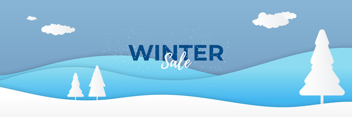 Blue shiny winter christmas sale banner with snow, palm tree, snowflake, and mountain.