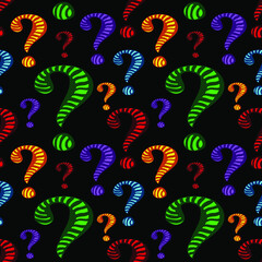 Question mark. Vector seamless pattern with iridescent punctuation si question marks on black background. Suitable for textiles, fabrics, wallpapers