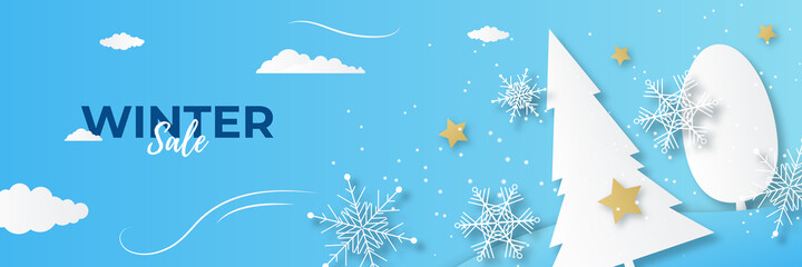 Fototapeta na wymiar Blue shiny winter christmas sale banner with snow, palm tree, snowflake, and mountain.