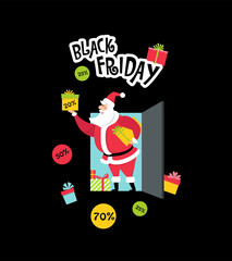 Funny Santa Claus on Black Friday giving out a discount in gifts. Big sale concept. Vector illustration in flat style