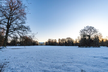 Snow-covered Princely Hohenzollern Park Krauchenwies and Ablacher See