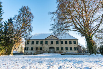 Snow-covered Princely Hohenzollern Park Krauchenwies and Ablacher See