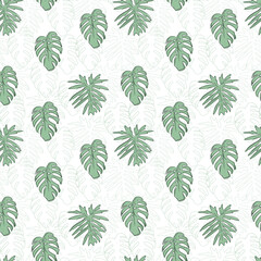 Fototapeta na wymiar Monstera leaf seamless pattern. Print for textile with tropical plant. Exotic texture with greenery havaiian leaf. 