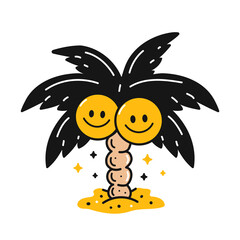 Palm tree with smile face coconut. Vector hand drawn doodle style cartoon character illustration. Isolated on white background. Palm,smile face print design for sticker,poster,t-shirt