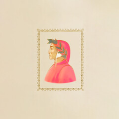 Dante Alighieri sketch drawing in golden decorated picture frame on beige wall background