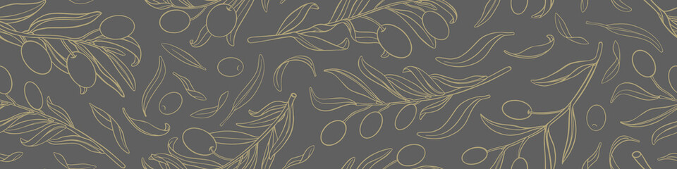 Seamless pattern with hand drawn olive branches and leaves. Healthy food background. Vector illustration.
