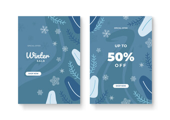 Set of abstract winter backgrounds for universal template. Colorful winter banners with falling snowflakes, snowy trees. Wintry scenes . Use for event invitation, discount voucher, ad.