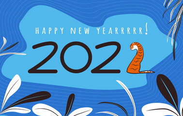 Happy new year 2022. Numbers, leaves and tiger sitting back view.