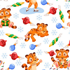 Christmas seamless pattern with cute little tigers in different poses. Symbol of new year 2022.