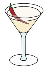 Spicy Fifty classic New Era cocktail in Martini glass. Vodka Vanilla sweet and spicy drink decorated with red chilli pepper. Stylish doodle cartoon vector illustration. Good for cards, posters, menu