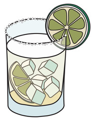 Tommys Margarita classic New Era cocktail in a tumbler glass. Tequila based drink served on the rocks and garnished with slice of lime and salt rim. Stylish doodle cartoon style vector illustration.
