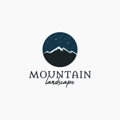 Mountain landscape vintage logo design at night with stars. For logo outdoor, adventure and club camp