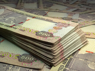 United Arab Emirates money. United Arab Emirates dirham banknotes. 500 AED dirhams bills.