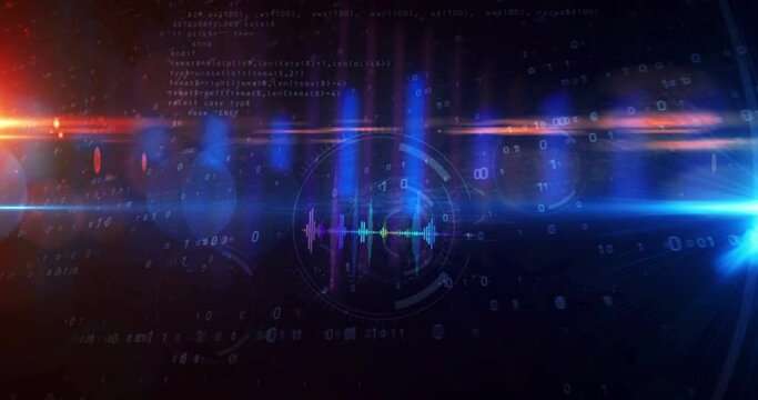 Audio spectrum voice neon sign concept, radio sound wave and disco music record volume signal. 3d rendering tunnel loopable and seamless animation. Futuristic loop abstract.
