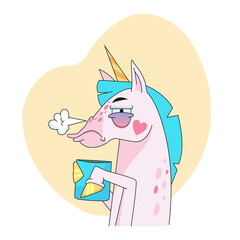 Sleepy unicorn cartoon character sticker. Emoticon of fairy horse holding cup of coffee in profile, animal with horn flat vector illustration isolated on white background. Fairytale, morning concept