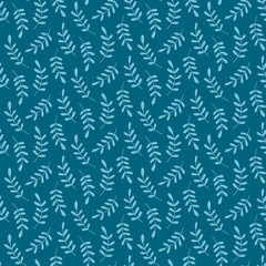 Seamless pattern of bright teal leaves on a dark teal background.
