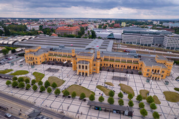 Wrocław, a city in Poland on a sunny and slightly cloudy day. Main Railway Station, Market Square in Wrocław and characteristic places.