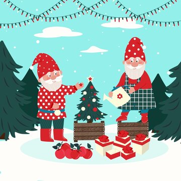 Two gnomes decorate a Christmas tree. Vector characters in flat style, cartoon.