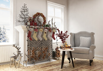 New year tree in scandinavian style interior with christmas decoration	