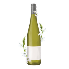 Realistic white wine bottle with blank label and fresh white flowers around isolated on white background 