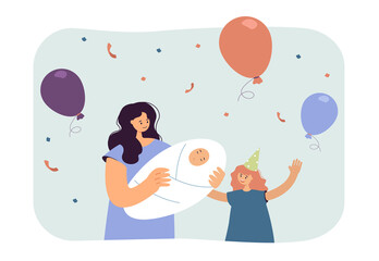Mother celebrating birth of newborn baby with cute daughter. Woman and children with balloons flat vector illustration. Childbirth, family party concept for banner, website design or landing web page