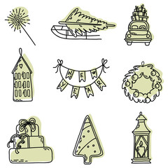 Fototapeta premium Vector collection of isolated illustration. New year cute elements: sparkler, Christmas tree on the sled, car with presents, house, new year flags, wreath, gifts, candle. Icon, stickers 