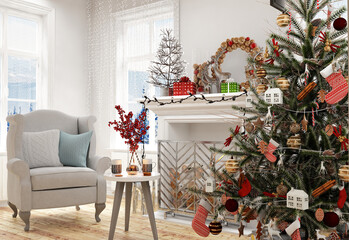 New year tree in scandinavian style interior with christmas decoration	