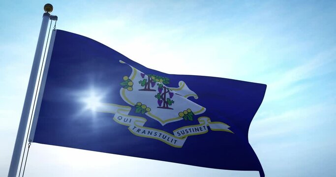 Connecticut flag blows in the wind. 4k animation render.