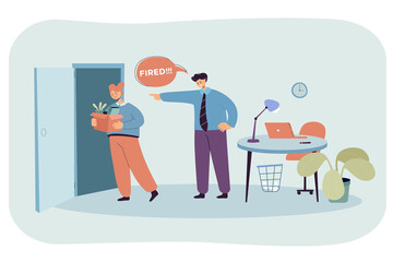 Angry businessman dismissing worker. Unhappy fired woman employee with box leaving office flat vector illustration. Bad conflict, layoff, unemployment, losing job place concept