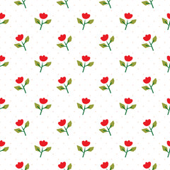 Seamless Pattern with Flower Art Design on White Background with Dots