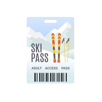 Ski pass template with barcode. Mountain landscape background with ski and ski sticks. Flat style 