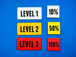 Colored cubes with the words level 1, level 2 and level 3