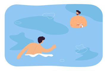 People playing ball in water. Active fun beach game of happy male swimmers characters flat vector illustration. Summer vacation, leisure concept for banner, website design or landing web page