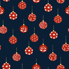 Seamless pattern of red decorated Christmas balls on dark blue background. Background for winter festive design.