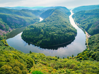 Saarschleife - Saar river loop in Saarland, Germany. landmarks, travel guide and postcard....