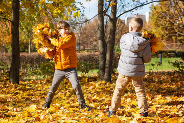 Children play with dry leaves in the autumn park. Brothers friends are having fun on a sunny day.