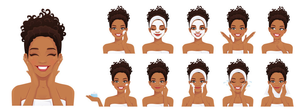 Beautiful african woman take care about her face set vector illustration