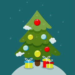 Christmas tree and gifts. Greeting card, festive poster. New year. Vector illustration in flat style.cartoon style.Merry Christmas. Winter holiday.Christmas tree decorated with colorful balls.party.