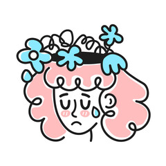 Cute sad cry woman with wilted flowers inside head. Bad mood,mental depression,emotional concept.Vector cartoon character illustration icon. Isolated on white backgound.Girl, woman in depression art