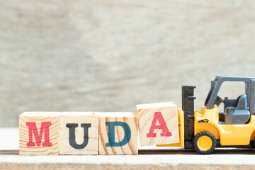 Toy forklift hold letter block A to complete word muda on wood background - obrazy, fototapety, plakaty