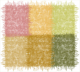 Checkered  rug, mat, carpet, plaid with grunge weave rough rectangular elements in green, yellow, violet pastel colors with fringe isolated on white