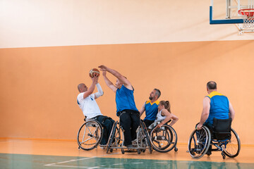 a photo of basketball teams with disabilities with the selector in the big hall before the start of the basketball game