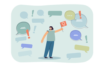 Feminist holding flag with feminine sign. Woman activist in protest movement in social media flat vector illustration. Girl power, feminism concept for banner, website design or landing web page