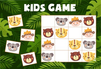 Sudoku kids game with funny animals, vector riddle with cartoon characters koala, leopard, bear and monkey on chequered board. Educational task, children teaser boardgame for baby sparetime activity