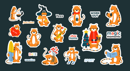 Planner stickers with cute tigers. New Year 2022. Vector flat illustrations of smiling tiger. Clip art for scheduler diary scrapbook organizer. Sticker set. Seasons sport love hobbies holidays.