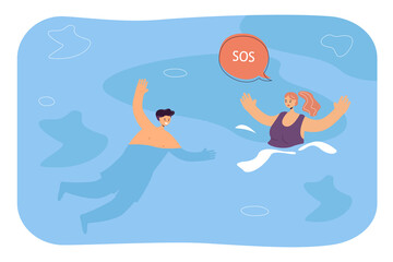 Lifeguard rescuing woman drowning in water. Male lifesaver saving girl calling sos flat vector illustration. Emergency situation, swimming safety concept for banner, website design or landing web page